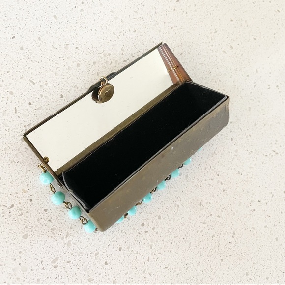 📸🎀Gorgeous Victorian Looking Lipstick Case Brass Starburst Beaded Chain Mirror - Picture 4 of 6